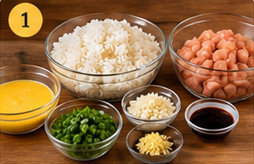 Ingredientes preparados para arroz chaufa de pollo