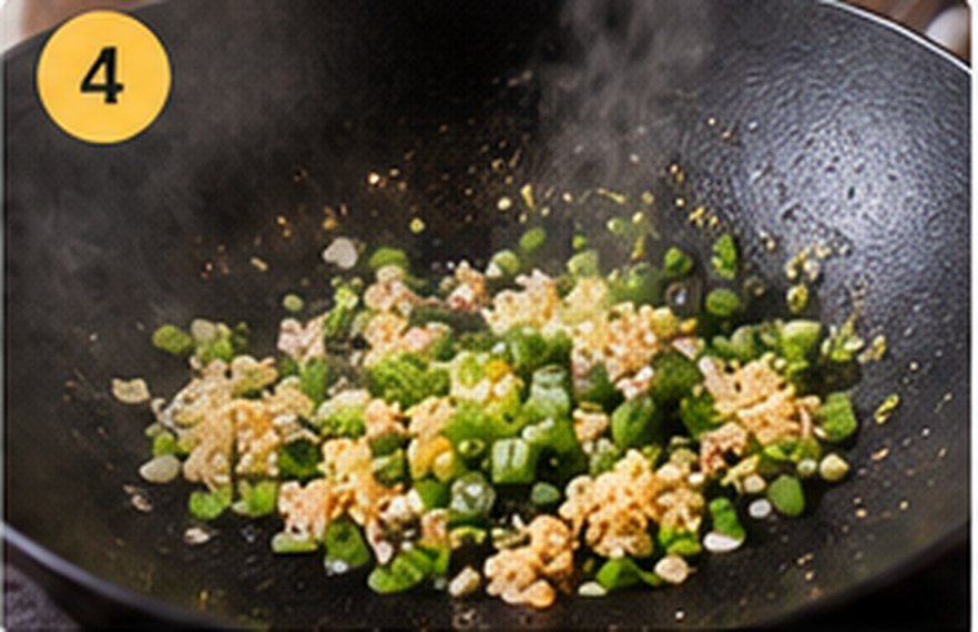 Ajo y cebolla china salteados en el wok