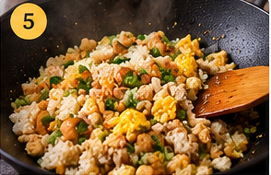 Arroz chaufa con pollo y huevo mezclándose en el wok